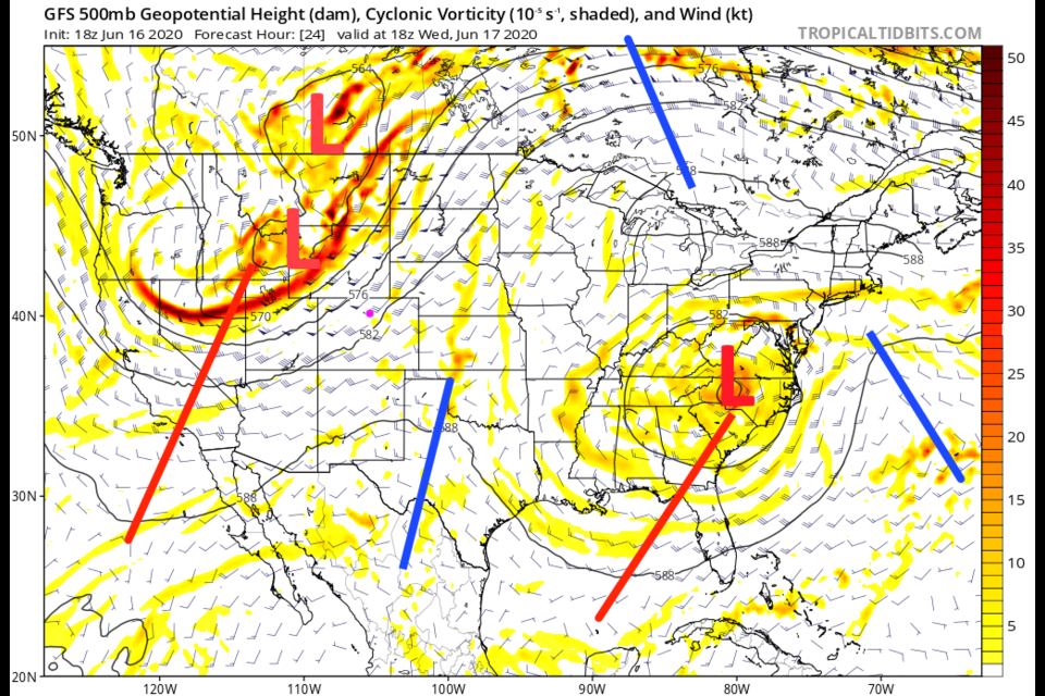 Figure 1: the 500mb upper air map forecast from the GFS and tropicaltidbits for noon Wednesday.  