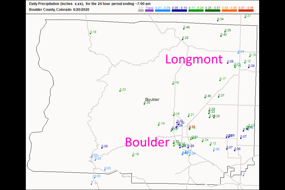 Figure 1: the precipitation reports up to 7am Saturday for the last 24 hours from CoCoRaHS.
