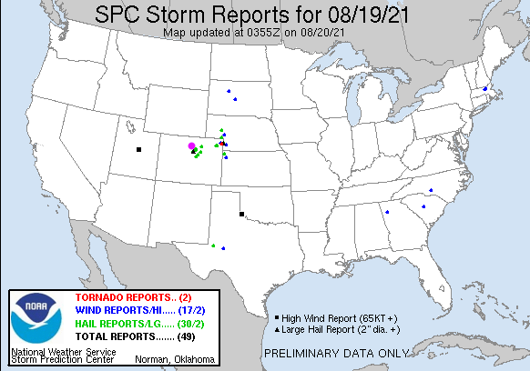 Figure 1 update: the storm reports from Thursday afternoon up to 9pm. 