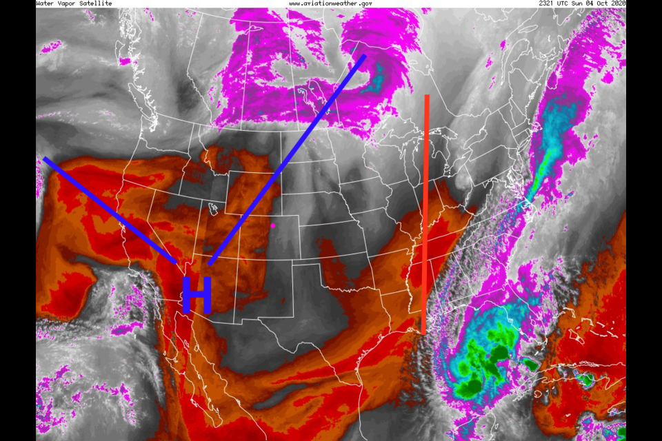 Figure 1: the water vapor satellite image from Sunday with example air flow arrow (Longmont is the pink dot) from NOAA. 