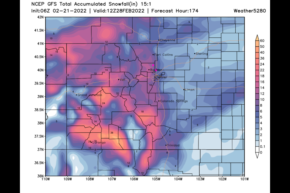 Figure 1 update: the 15:1 snowfall total forecast from the GFS and weather5280.com for the next 7 days.