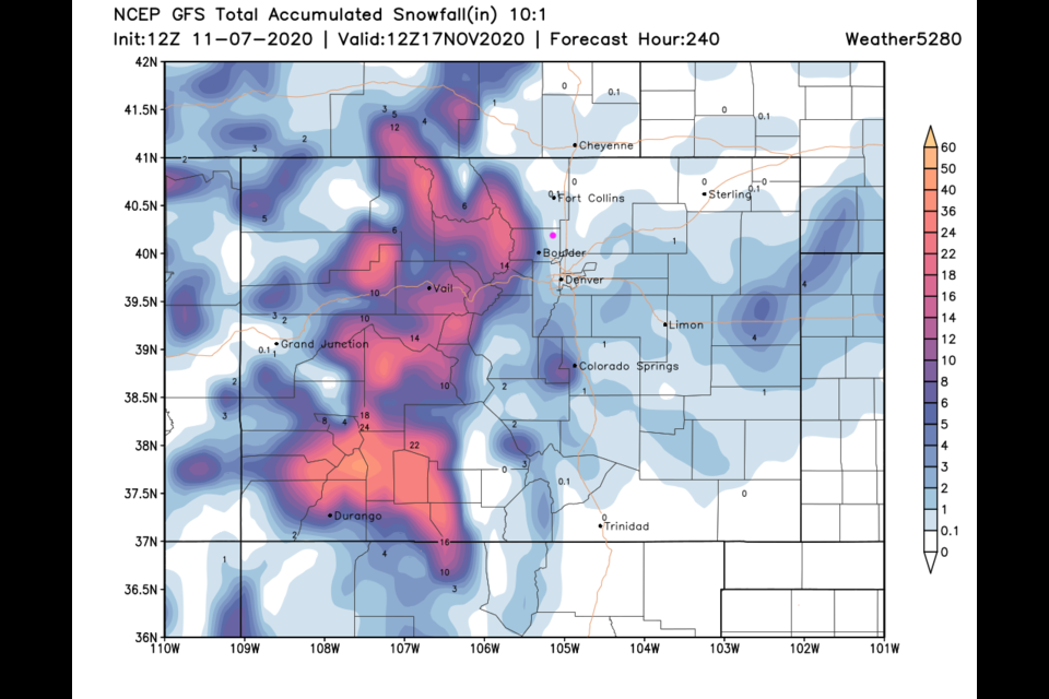 Figure 1 update: the GFS 10 day snowfall forecast map for Colorado from weather5280.com