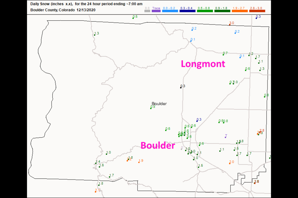 Figure 1 update: the CoCoRaHS new snow reports Sunday 7am. 