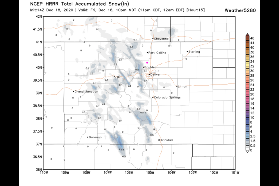 Figure 1 update: the HRRR snowfall forecast through 10pm Friday from weather5280.com