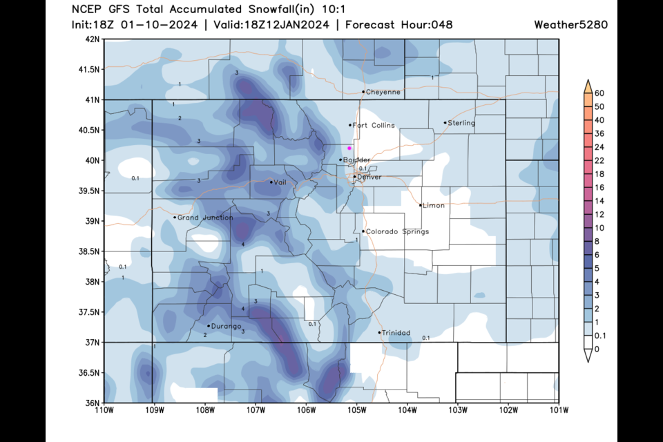 Figure 2: the 10:1 snowfall forecast for the next 48 hours (through Thursday) from the GFS and weather5280.com