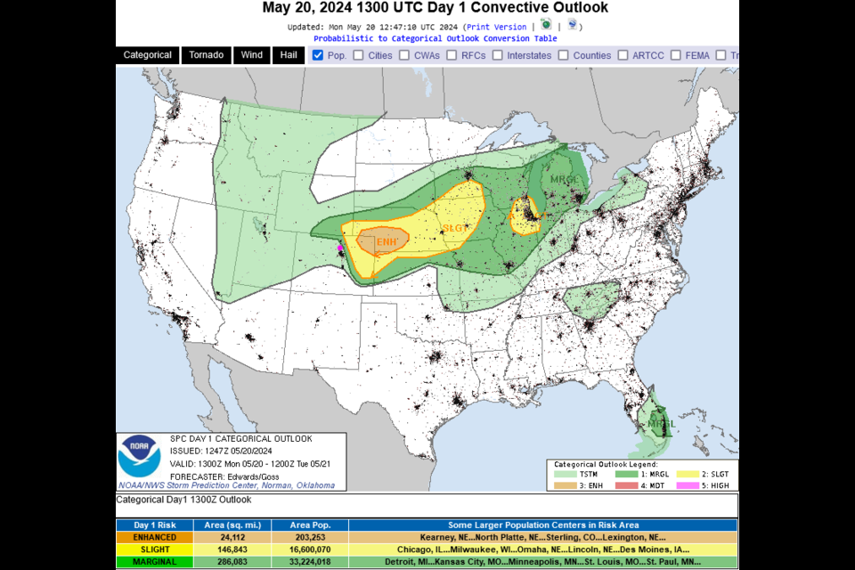 Figure 3: the Day 1 severe weather forecast (today, Monday) from the SPC in Norman, OK. 
