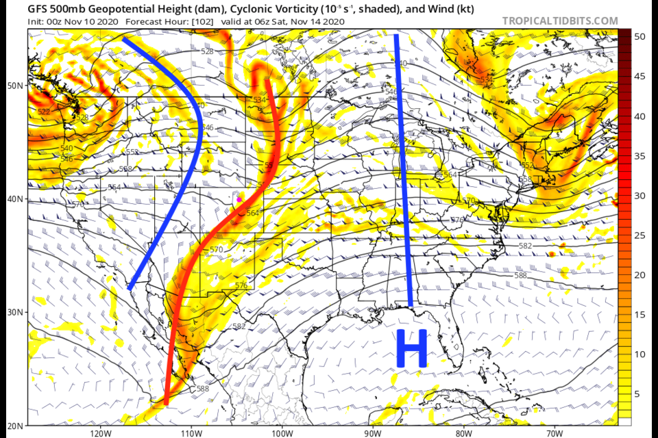 Figure 1: The 500mb upper air forecast map for Saturday morning from the GFS and tropicaltidbits.com