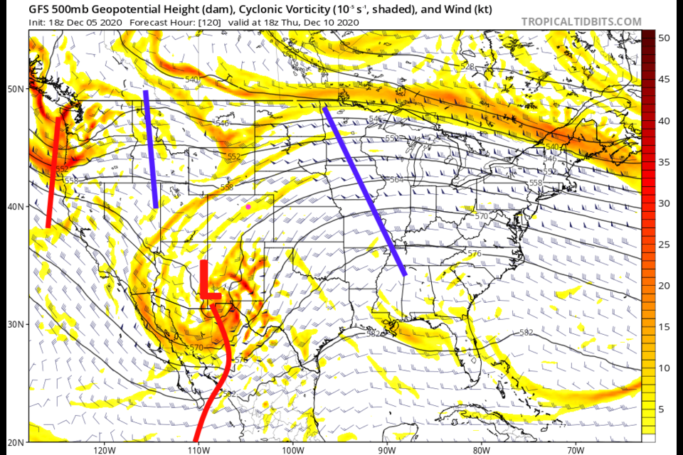 Figure 3: the 500mb forecast map for Thursday noon from the GFS and tropicaltidbits.com