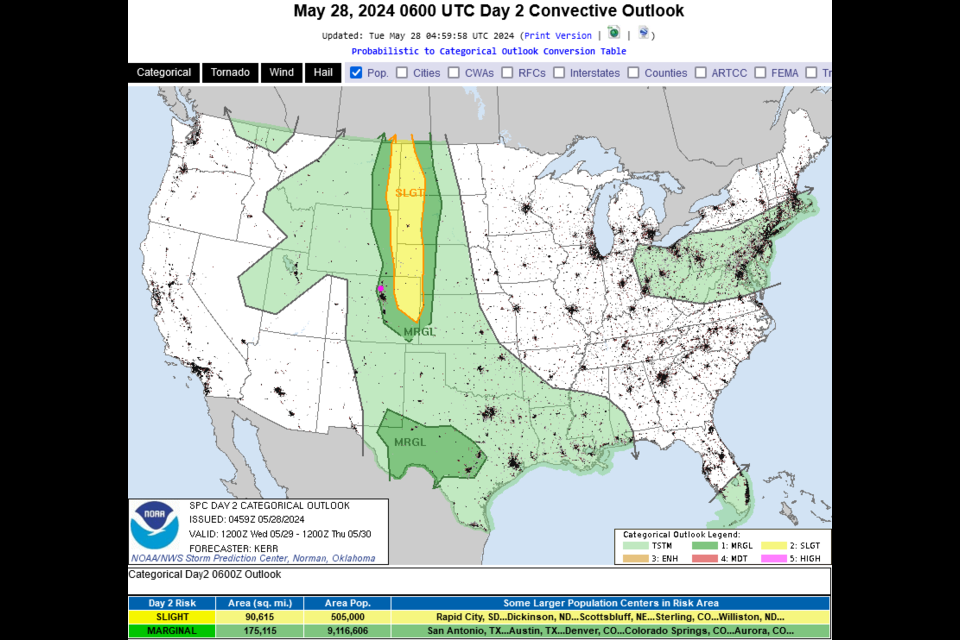 figure 4: the Day 2 severe weather forecast map from the NWS and the SPC for Wednesday.