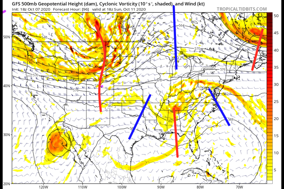 Figure 4: the 500mb upper air forecast map for Sunday noon from the GFS and tropicaltidbits.com