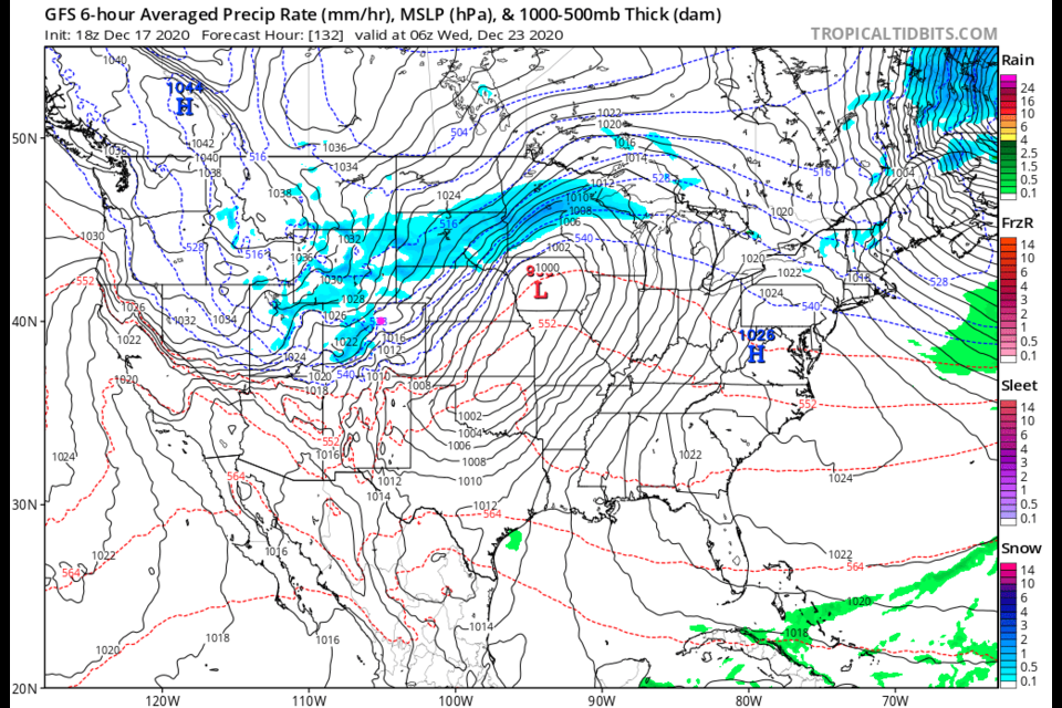 Figure 4: the 6 hour averaged precipitation  around Wednesday morning from the GFS and tropicaltidbits.com