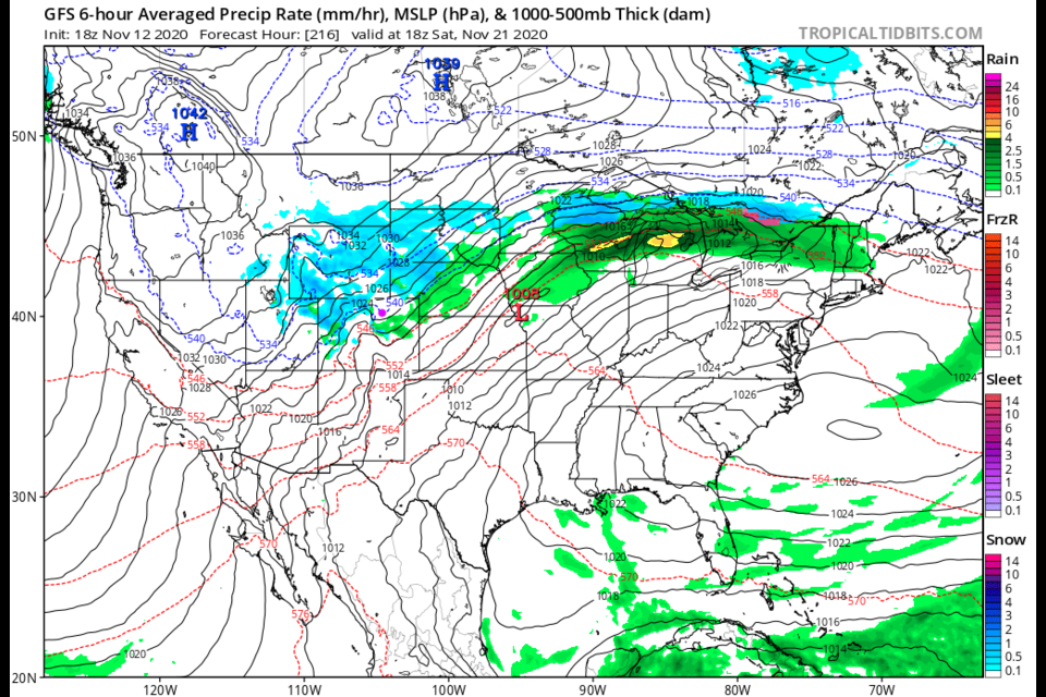 Figure 5: the 6 hour averaged precipitation  around Saturday Nov 21 noon from the GFS and tropicaltidbits.com