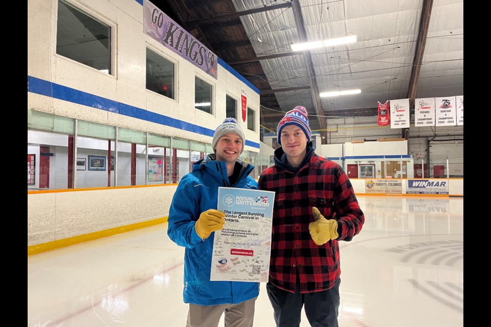 Events coordinator Cole Belcourt and operations staff Brandon Bressette pose on the ice at the Penetanguishene Recreation Centre in anticipation of the Winterama hockey tournament.