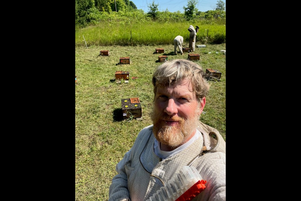 Adam's Honey staff are seen tending to bee hives behind Adam Ritchie, all wearing protective bee suits.