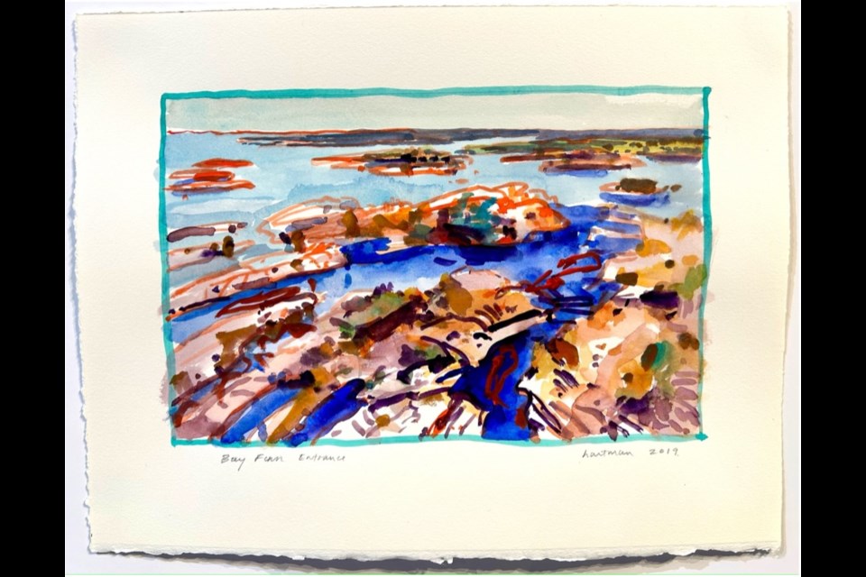 Bay Fine Entrance is a 2019 watercolour by John Hartman. It measures 10" X 13".
