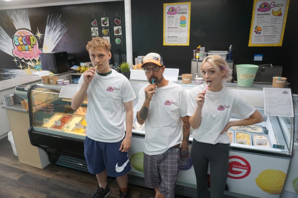 Liam Rieder, Gregg Thomson and Mattaya Woods try out some of the gelato flavours available at Scoop Emms.                           