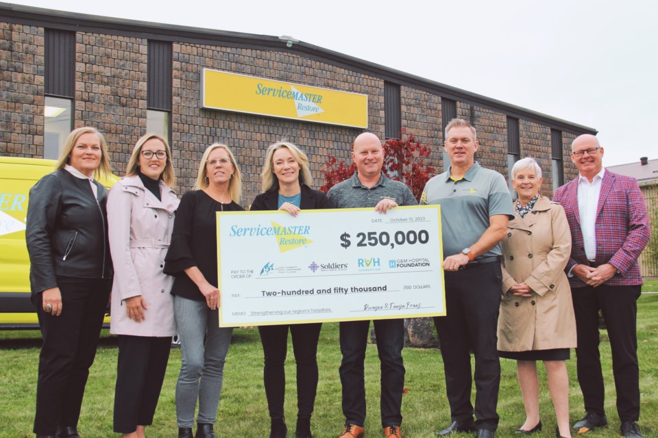 ServiceMaster Restore owners have committed $250,000 to four local hospitals. From left, is Pamela Ross, CEO of RVH Foundation, Jessie Dees Senior Key Relationships Officer of GBGH Foundation, Jennifer Quinn, director of HR for ServiceMaster, Tanya Frans, owner of ServiceMaster, Dwayne Frans, owner of ServiceMaster, Rob Rennie, director of operations for ServiceMaster, Jory Pritchard-Kerr, President and CEO of Collingwood General and Marine Hospital Foundation and Perry Esler, President and CEO of Orillia Soldiers' Memorial Hospital Foundation. 