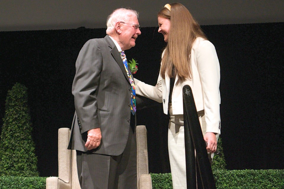 Philanthropist Reinhart Weber shared kind words to singer Holly Archer on conclusion of her My Way serenade during a celebration of his generosity with the Weber Foundation at the Midland Cultural Centre.