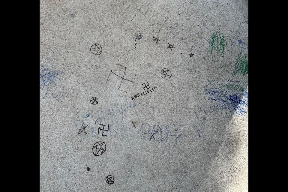 Antisemitic drawings and pentagrams found on a mail pavilion's concrete pad in a Midland neighbourhood.