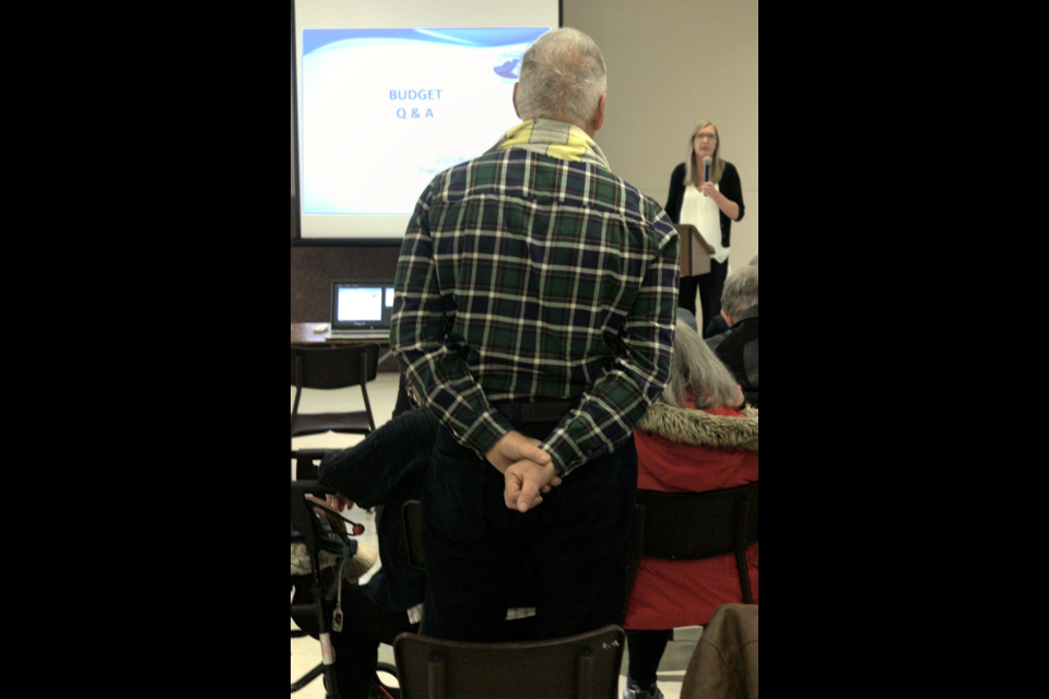 Resident questions and concerns were addressed at a recent public question and answer session for the 2023 draft budget at Brian Orser Hall in Penetanguishene. Finance director Carrie Robillard (right) presented much of the information for townsfolk who attended.