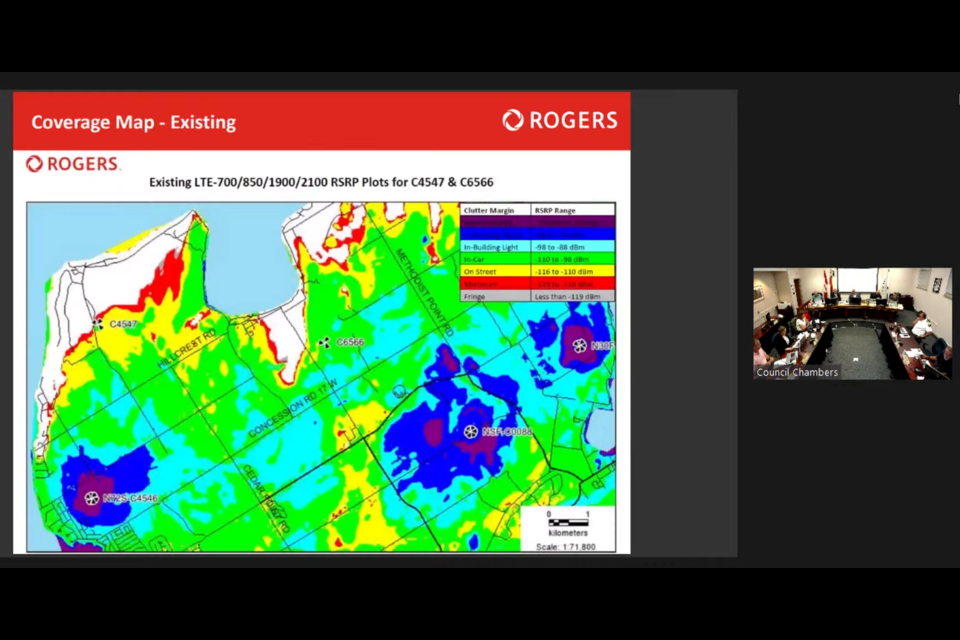 Current Rogers coverage area of Tiny Township was presented to a recent committee of the whole, looking at two proposed cell towers to expand coverage.