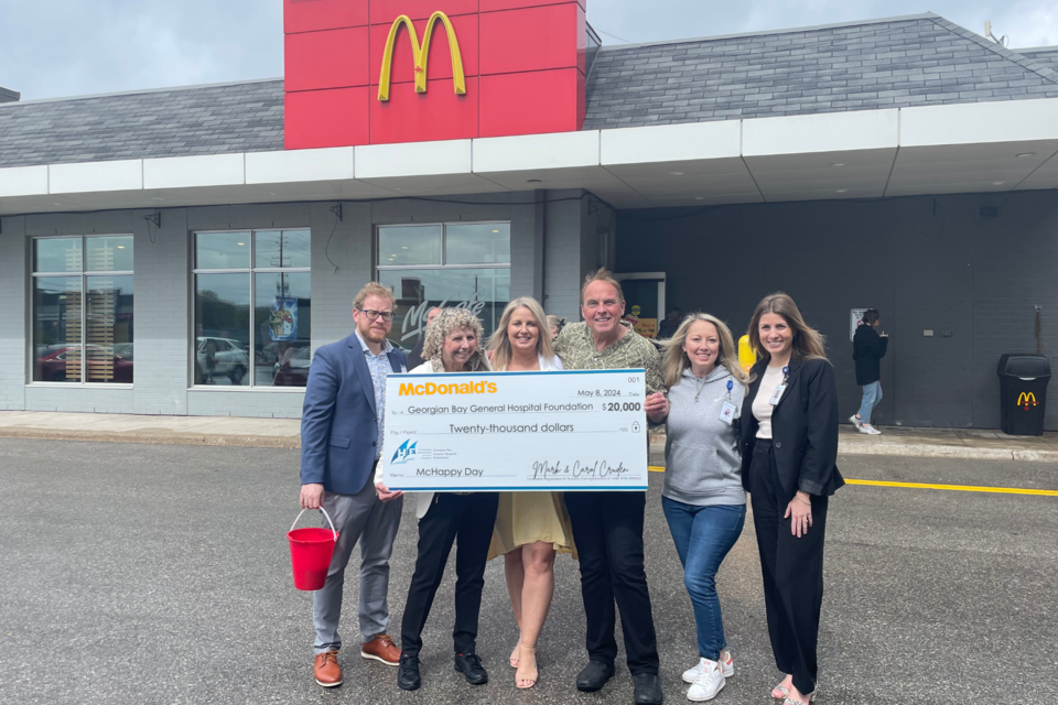 On Wednesday, May 8th, 2024, local McDonald’s restaurants in Midland and Elmvale celebrated McHappy Day, raising $20,000 for the Georgian Bay General Hospital (GBGH) Foundation. From left:  Matthew Lawson, president & CEO, GBGH; Carol Cruden, McDonald’s franchise owner; Nicole Kraftscik, CEO, GBGH Foundation; Mark Cruden, McDonald’s franchise owner; Robyn Blanchet, community giving officer & Victoria Evans, key relationships officer, GBGH Foundation