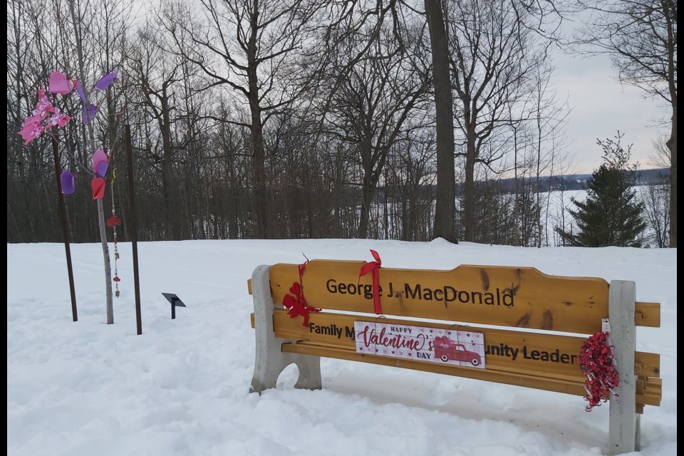 A bench and tree in Little Lake Park honouring former three-term Midland Mayor George MacDonald has been decorated for Valentine's Day. Over Christmas, the tree and bench featured garlands, bells and special decorations in memory of MacDonald, who passed away on Jan. 26, 2020.