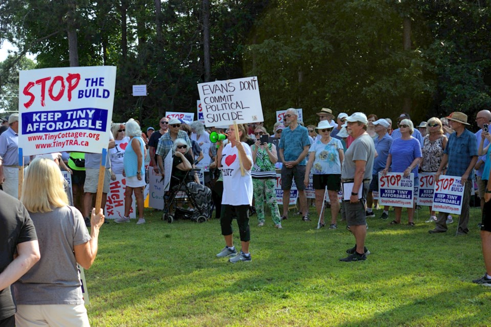 Protest organizer Karen Zulynik rallied roughly 300 people who rallied in opposition to 'Stop the Build' of a multi-million-dollar administration centre estimated for a 2027 completion date during the third information session at the municipal office.