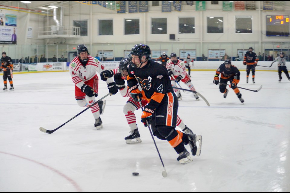 Midland Flyers Captain Matt Connolly, 21, is seen with the puck during a November game.