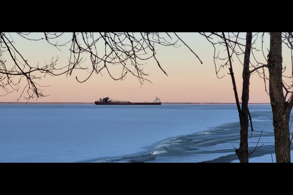 Pictured Tuesday evening, a Canada Steamship Lines vessel awaits the arrival of CCGS Griffon.