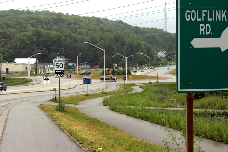 The roundabout intersection of County Road 93 between Midland and Penetanguishene, connecting Golf Link Road and Vindin Street.