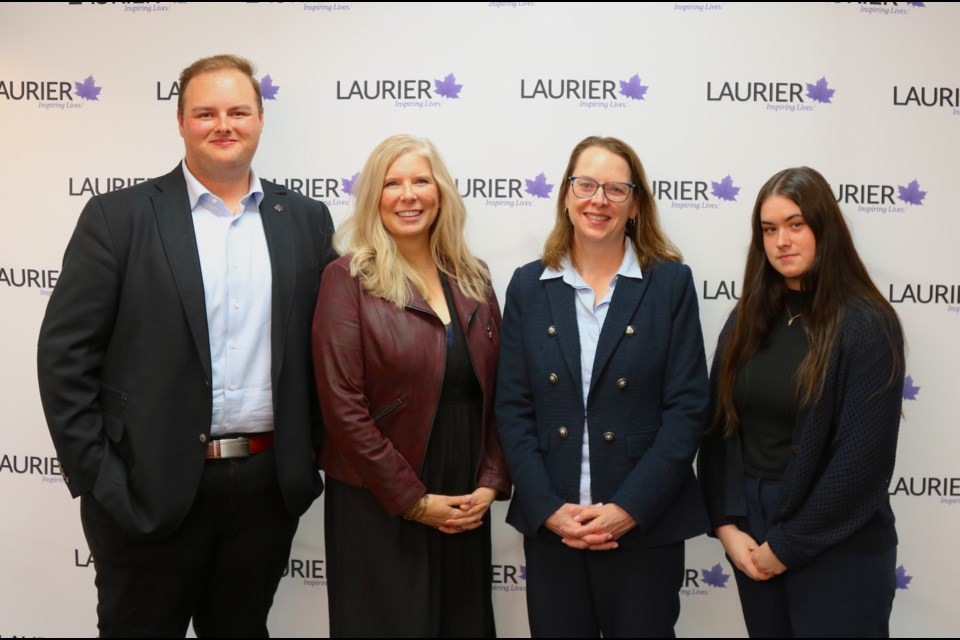 From left, Ben Jesseau (President, Students' Union), Maureen O’Neill (Executive Director, Joyce Family Foundation), Laurier President and Vice-Chancellor Deborah MacLatchy, Amilia Perdue (Milton student and the Chair of the Laurier Milton Student Leadership Council).