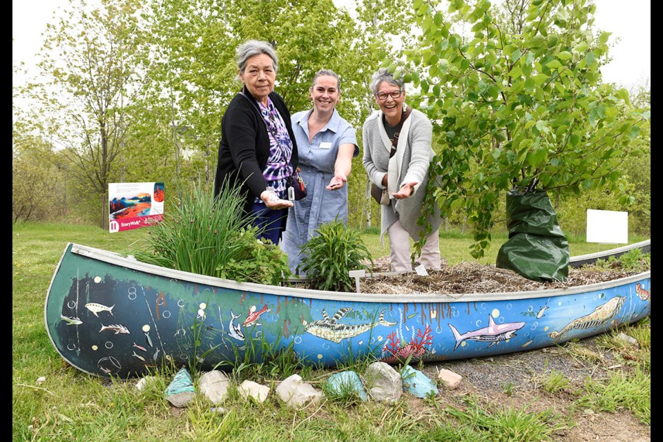 Milton Public Library's Beaty Branch celebrated the opening of their Indigenous Medicine Learning Garden, now in it's third year. Here, (from left) Wanda Wilson of the Mohawk Turtle Clan, MPL chief librarian Sarah Douglas-Murray and Halton Catholic District School Board Indigenous advisor Sherry Saevil hold handfuls of seeds over a canoe in the garden area.