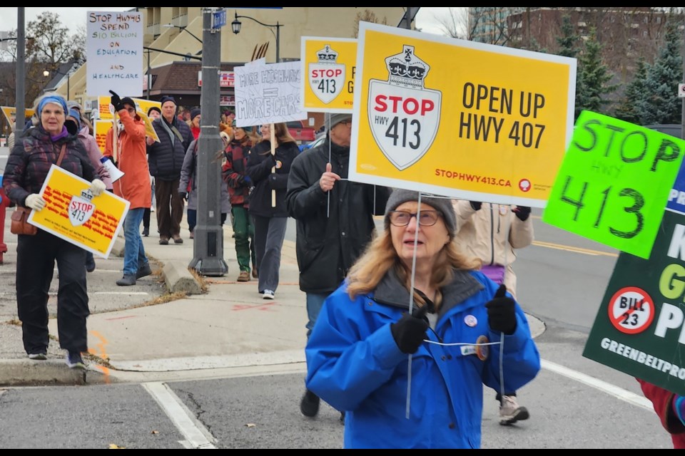 A protest against Hwy. 413 was held Friday afternoon in downtown Milton.