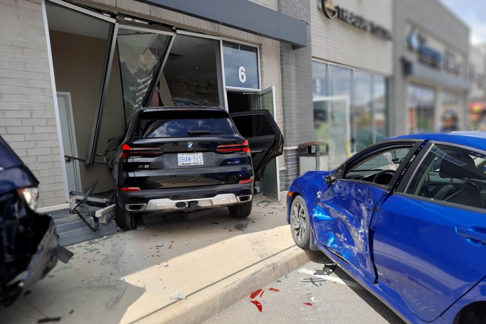 A three-vehicle collision at the Main and Tremaine plaza saw a BMW crash through Physio On Wellness and Sports Centre.