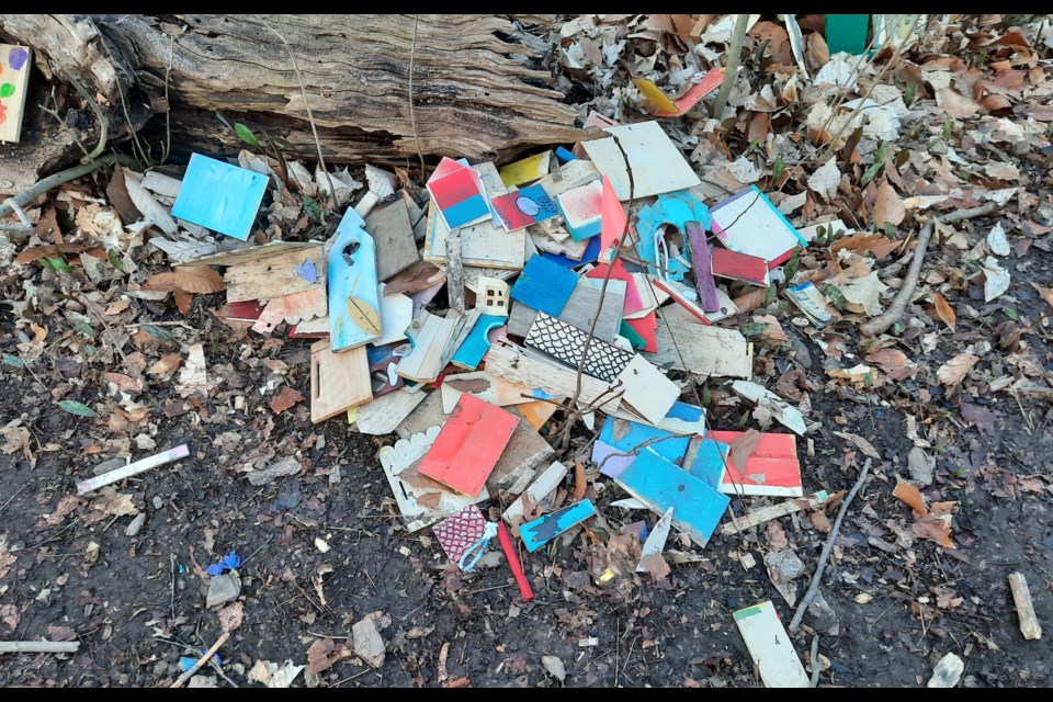 Tiny bird houses destroyed at Mill Pond's Fairy Village.