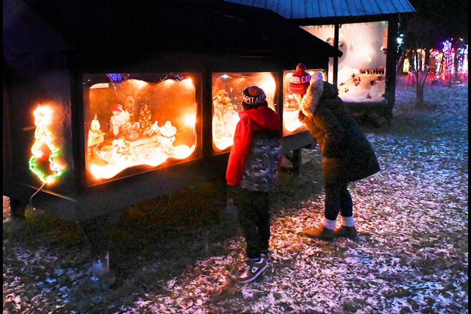 A family takes in one of the miniature story book windows at the annual Singletons Christmas light display.