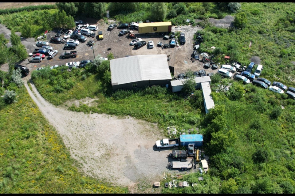 An aerial view of where a dozen stolen vehicles were recovered in rural Milton.