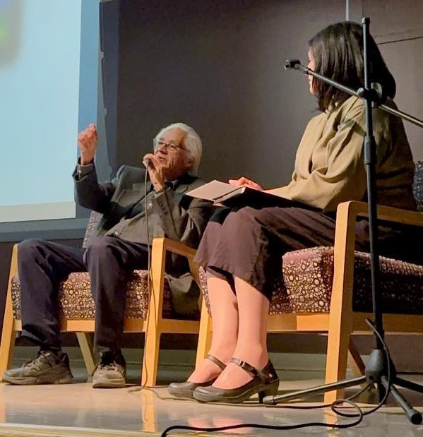 Artist Dave Pelletier (left) discusses his artwork during an opening reception at the Moose Jaw Museum and Art Gallery on May 31, while curator Jennifer McRorie moderates. Photo courtesy Facebook