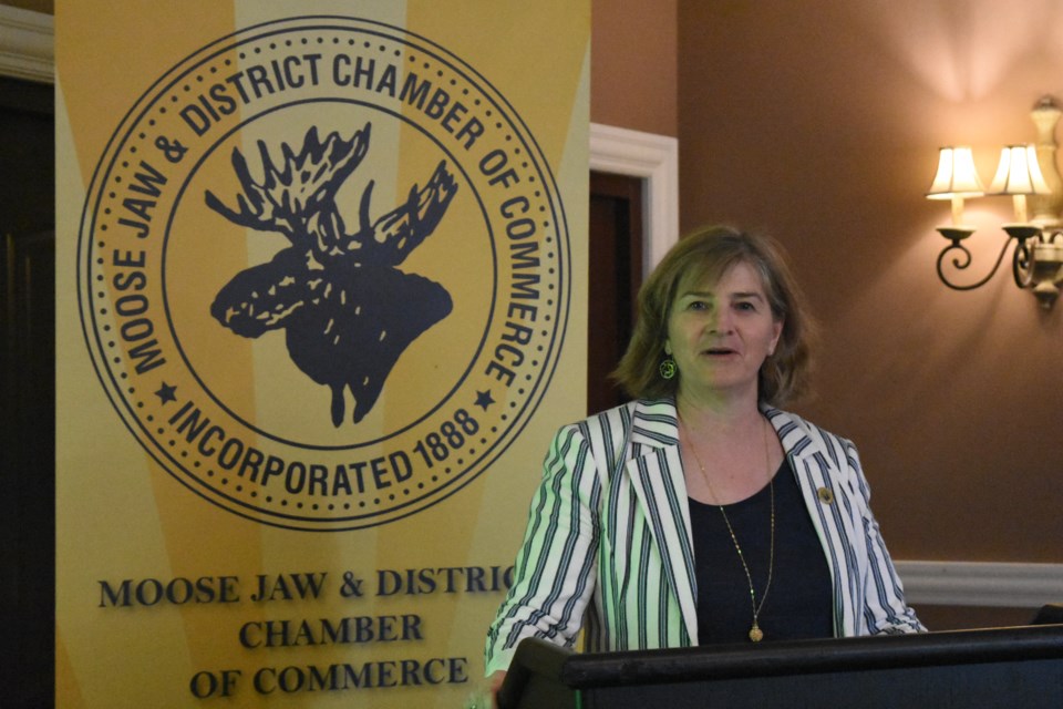 Pamela Schwann, president of the Saskatchewan Mining Association, speaks during a Moose Jaw Chamber of Commerce meeting on May 29 that acknowledged Saskatchewan Mining Week. Photo by Jason G. Antonio