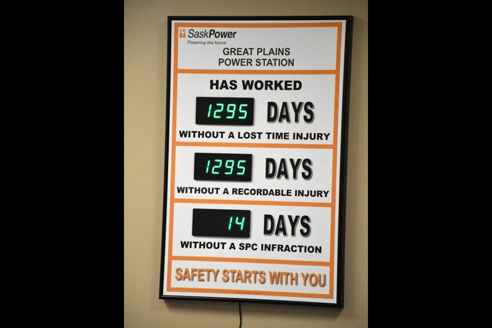 A board in the administration building displays the number of days without injury or time-loss. Photo by Jason G. Antonio