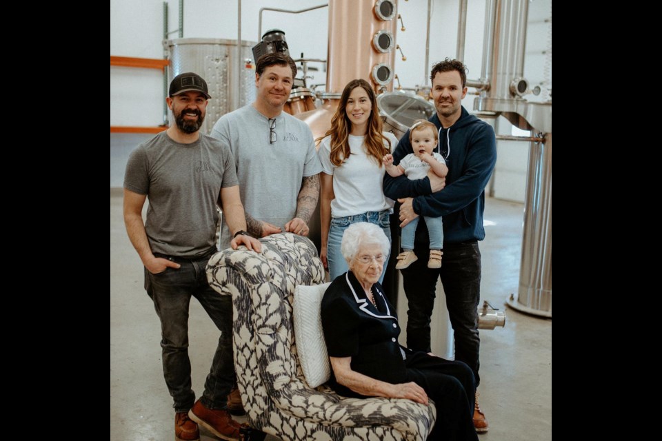 The Luby Bower family. (l-r) Evan Hilbig, Jimmy Smith, Tamara Hilbig, and Brennan Hilbig (holding daughter Isla). Seated is Gladys Webster (Bower)