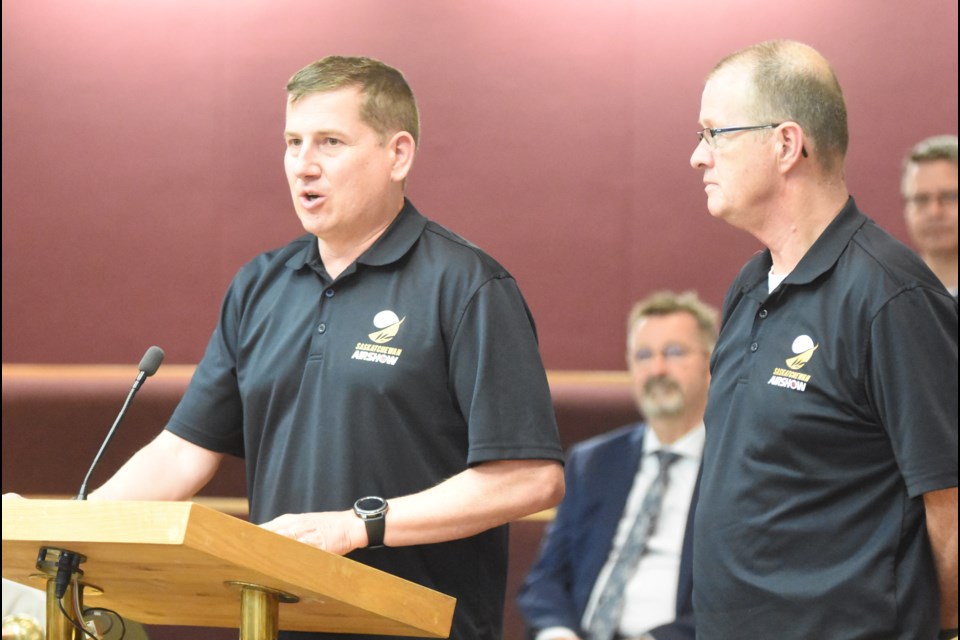 Col. Denis O’Reilly, wing commander of 15 Wing Moose Jaw and chairman of the air show, and Dave Lyons, corporate services co-ordinator, speak to council about the July Saskatchewan Air Show. Photo by Jason G. Antonio 