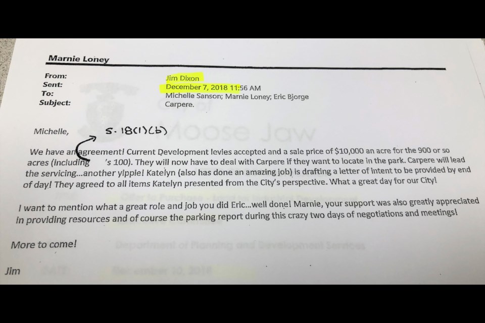 The excited Dec. 7, 2018 email from Jim Dixon, economic development officer, about how Carpere Canada had accepted the city's deal to buy land in the industrial park. Photo by Jason G. Antonio 