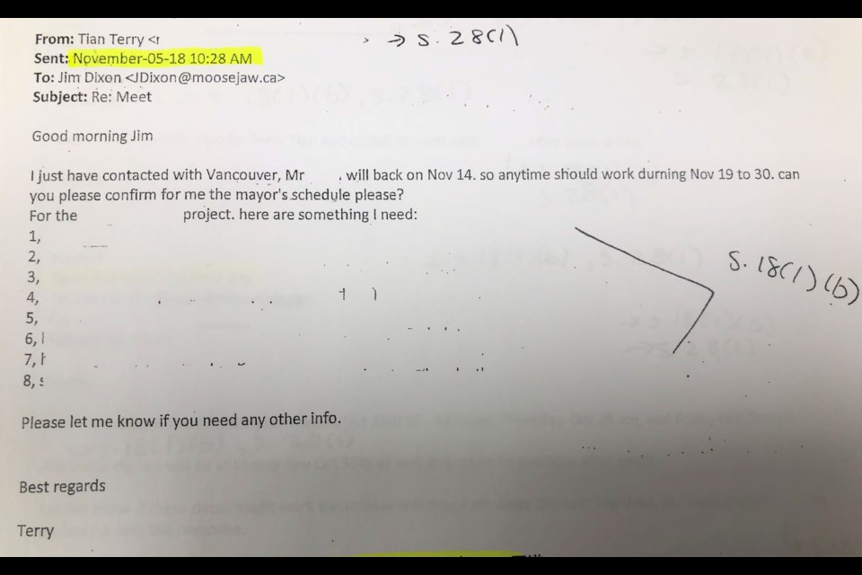 City hall removed all specific items in an email exchange between Tian Terry with Carpere Canada and Jim Dixon with the City of Moose Jaw. Photo by Jason G. Antonio 
