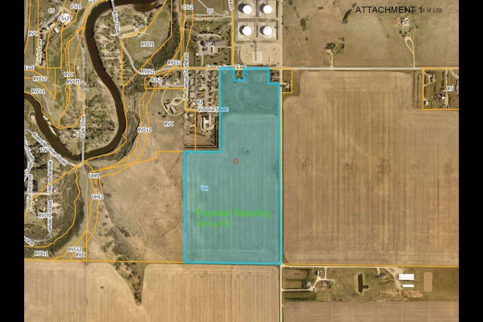 The blue highlighted area is where the proposed residential subdivision could go. Carpere Canada bought the 64 acres here as part of its overall purchase of 780 acres in the industrial park. Photo courtesy City of Moose Jaw 