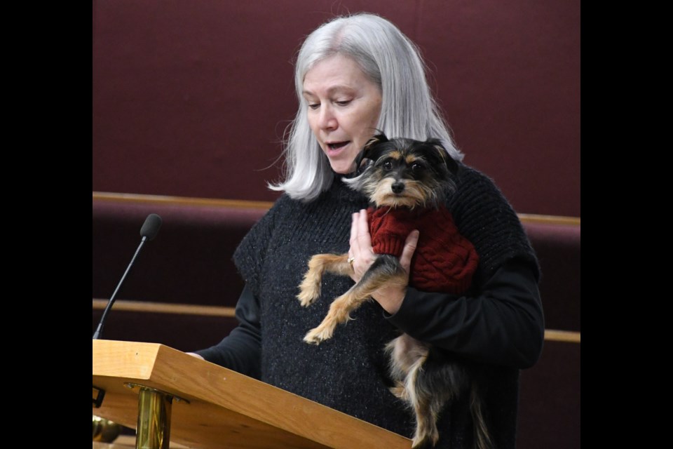 Dana Haukaas, executive director of the Humane Society, presents the organization's 2025 budget request during a special city council meeting, while accompanied by Benji, a terrier-poodle cross. Photo by Jason G. Antonio