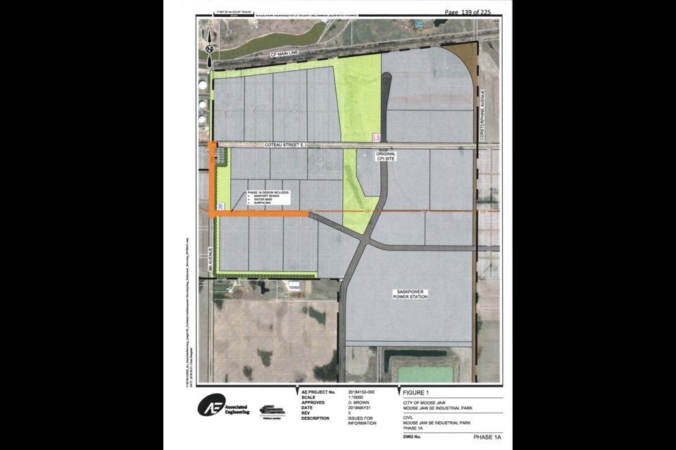 The yellow line indicates where the water and sewer services will be installed as part of phase 1A in the industrial park. Photo courtesy City of Moose Jaw