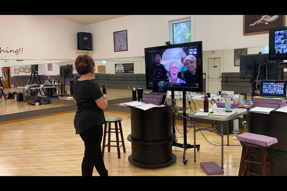 Barb Jackman on a video conference call in one of her studio spaces, which she joked looks more like a TV station than a dance studio. (supplied)