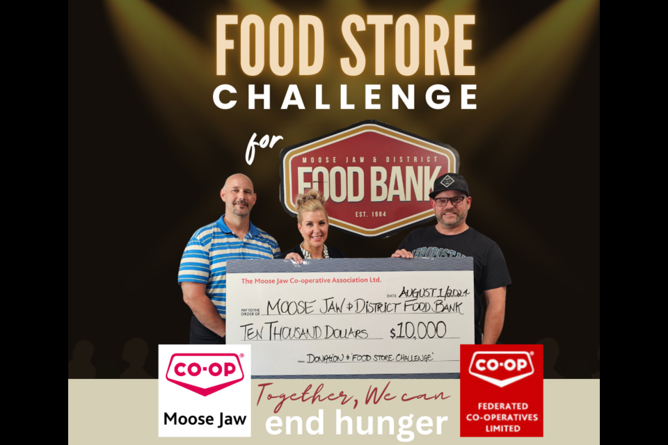 Geoff Anderson, general manager of Moose Jaw Co-op (left), and Michaela Turner, Co-op's manager for community and employee engagement, present a cheque of $10,000 to Jason Moore, executive director of the food bank. Photo courtesy Moose Jaw Co-op